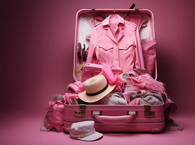 offene Koffer mit Klamotten Inhalt in pink